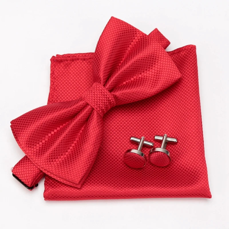 Men Bowtie Set 3pcs Plaids Classic Fashion Wedding Party Formal Cufflinks Bow Tie Handkerchief Cuff Links Lots Three Piece Set Good Vibrations