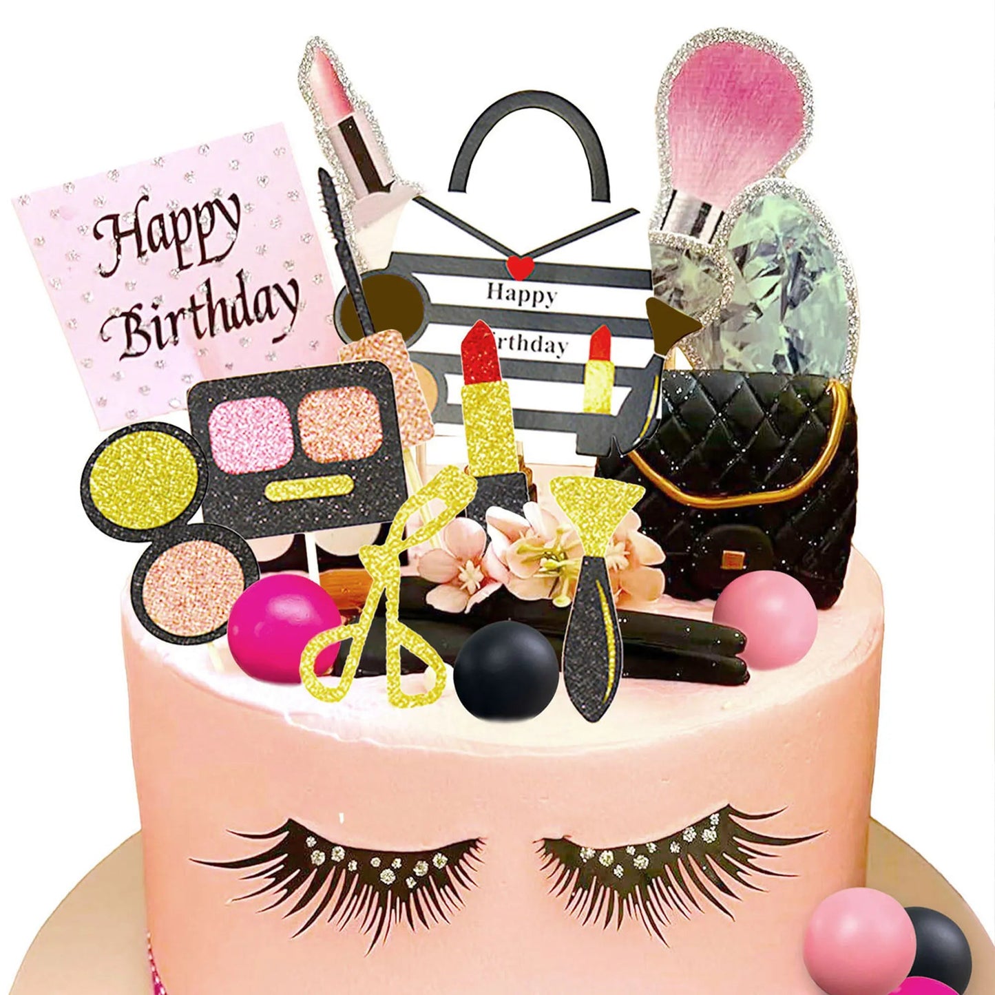 LaVenty Makeup Cake Toppers Glamour Party Decorations Girl Birthday Cake Topper Balls Palm Leaves Cake Topper Spa Cake Topper Good Vibrations