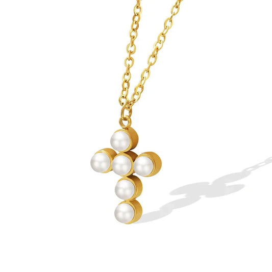 Cross Necklace Imitation Pearl Inlaid Luxury Necklaces 316L Stainless Steel Chain Non-allergic High Quality Jewelry Wholesale Good Vibrations