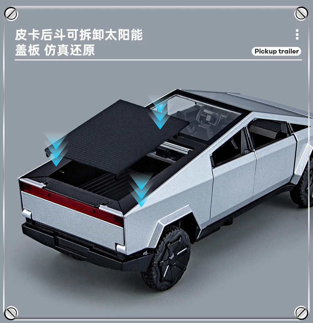 1:32 Toy Trucks for Boys Cybertruck Model Silver Pickup Truck Diecast Metal Toy Cars with Sound and Light for Kids Good Vibrations