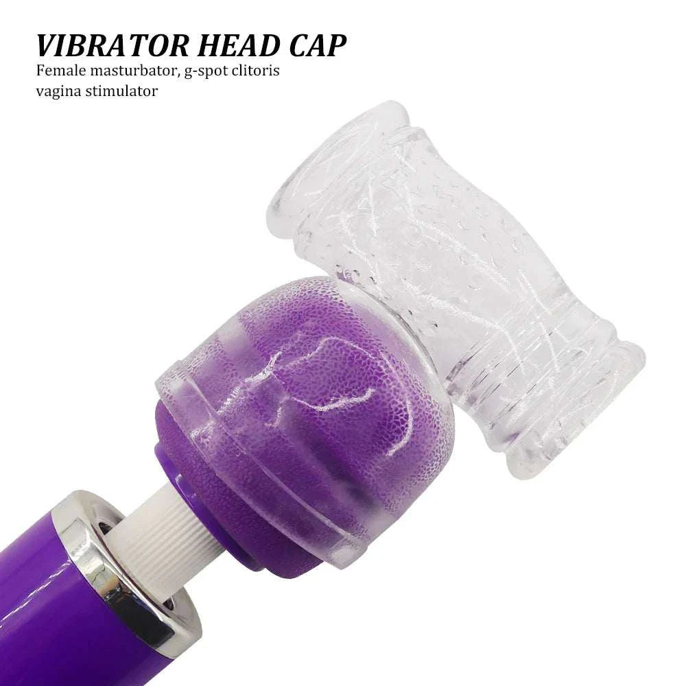 AV Vibrator Head Cap Magic Wand Attachment in purple and transparent silicone for penis training.