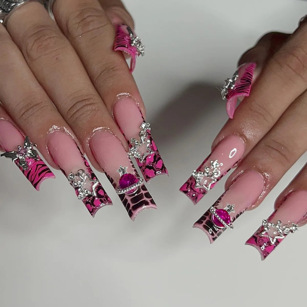 Rose Pink Long Coffin Fake Nails French Style Leopard Star Printed Press on Nails Y2K Girls Charms Manicure Black False Nails Good Vibrations