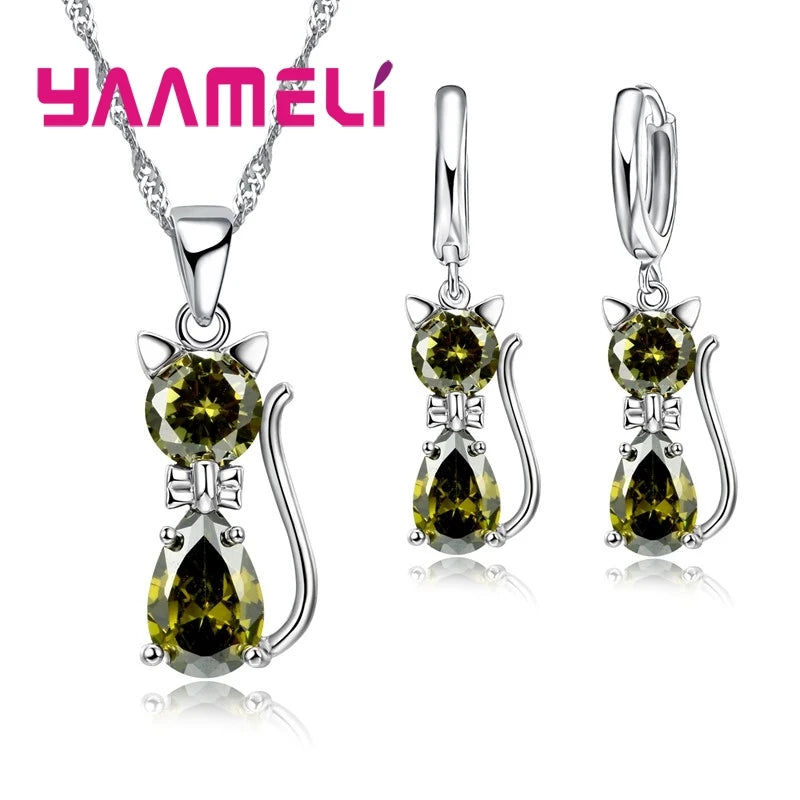 Real 925 Sterling Silver Color Jewelry Sets for Woman Girls Shining Austrian Crystal Cute Cat Pendant Necklace Huggie Earring Good Vibrations
