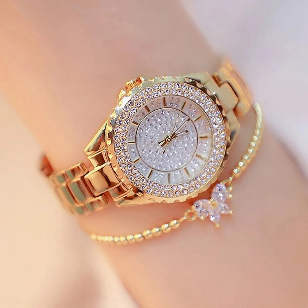 New Women Quartz Steel Belt Bracelet Watch Set Good Vibrations