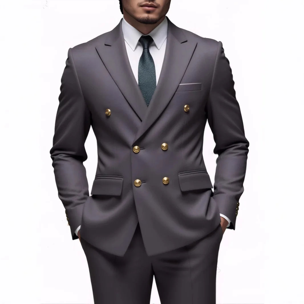 Suit (Blazer + Trousers) Men's Fashionable Gentleman Business Double-breasted Solid-color Banquet Host Casual Wedding Suit Good Vibrations