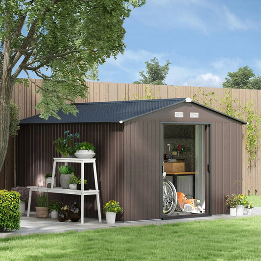 Outdoor Storage Shed 11x9 with Foundation Sliding Doors Vents Brown for Backyard Patio Good Vibrations