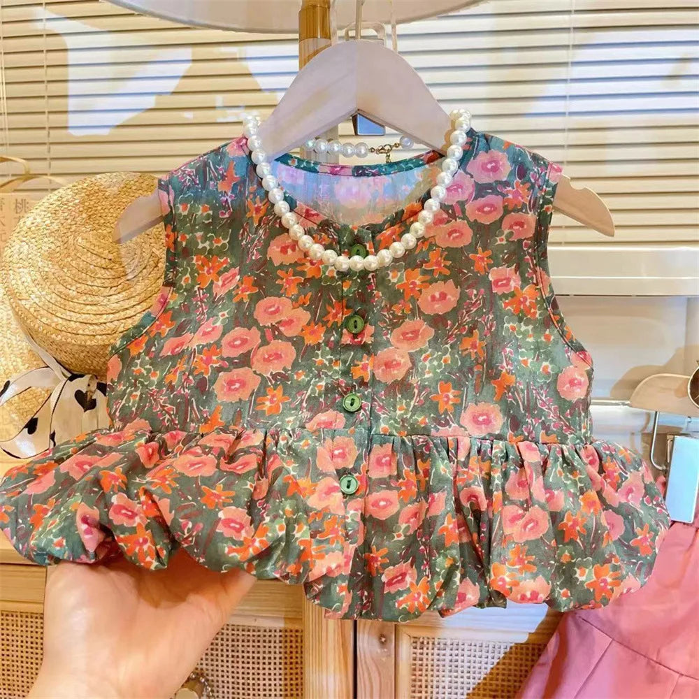 Girls Clothing Sets 2024 Summer New Children's Wear Ladies Style Fashion Floral Sleeveless Vest Top+wide Leg Skirt Pants 2-7Y Good Vibrations