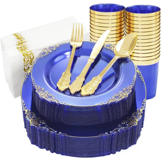 175PCS Blue Gold Plastic Plates Sets, Include 25Dinner Plates, 25Dessert Plates, 25Cups, 25Forks, 25Knives, 25Spoons, 25Napkins Good Vibrations