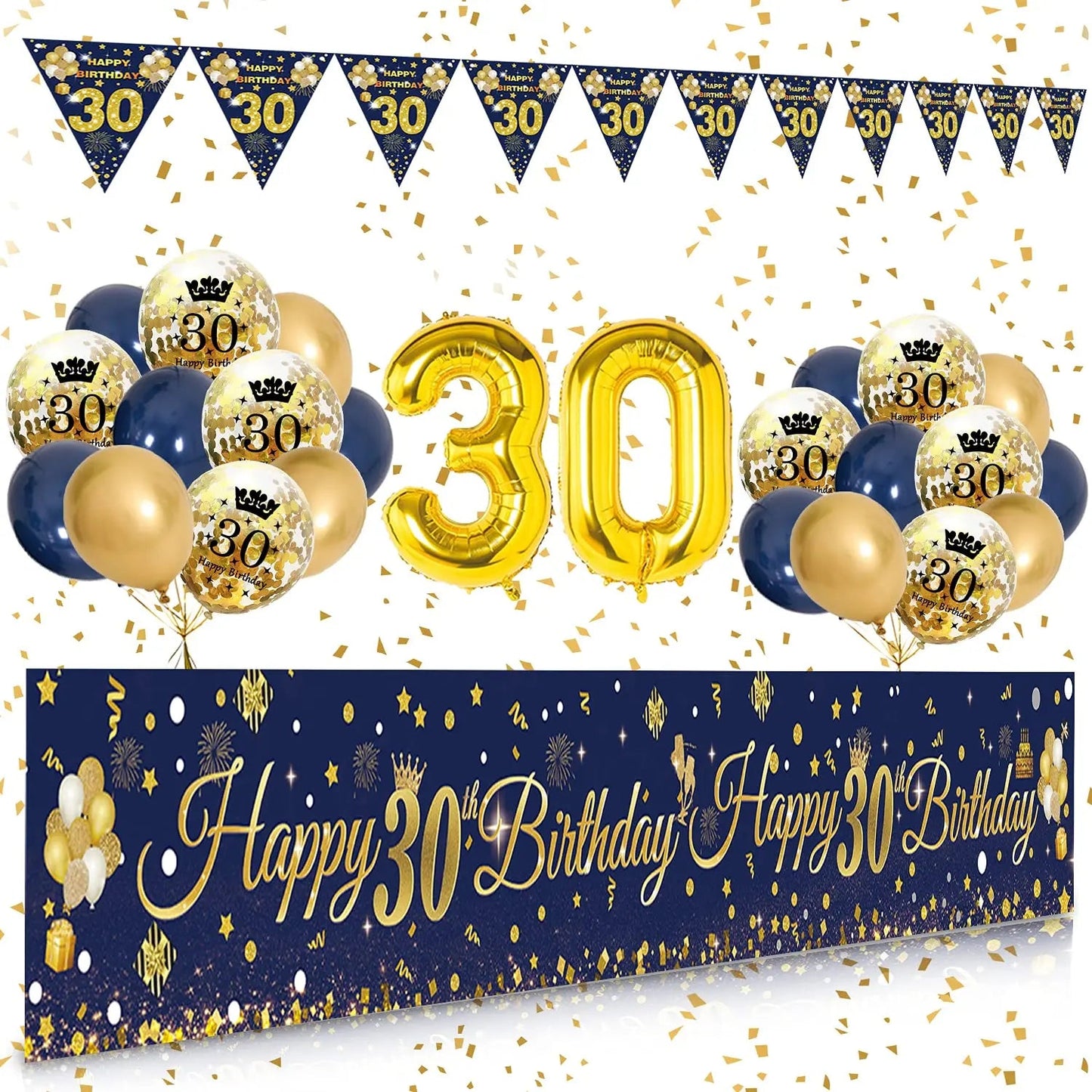 30th/40th/50th/60th/70th Birthday Decorations Men Women Birthday Balloon Garland Kit Happy Birthday Banner Blue Gold Balloon Good Vibrations