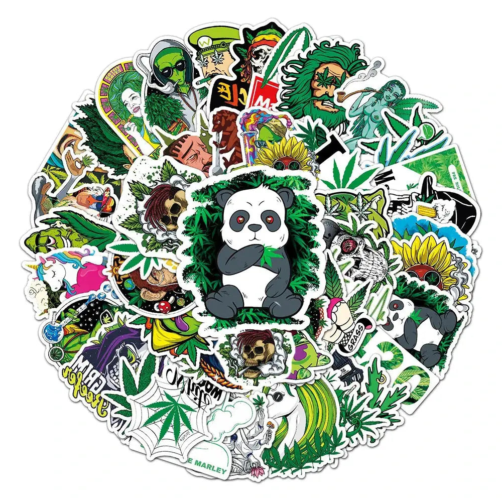 Funny smoking weed-themed cartoon stickers featuring hemp leaves and panda design.
