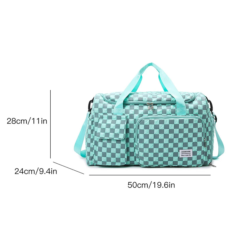 Fashion Large Capacity Checkerboard Pattern Duffle Handbag, Lightweight Travel Luggage Storage Bag, Portable Sports Fitness Bag Good Vibrations