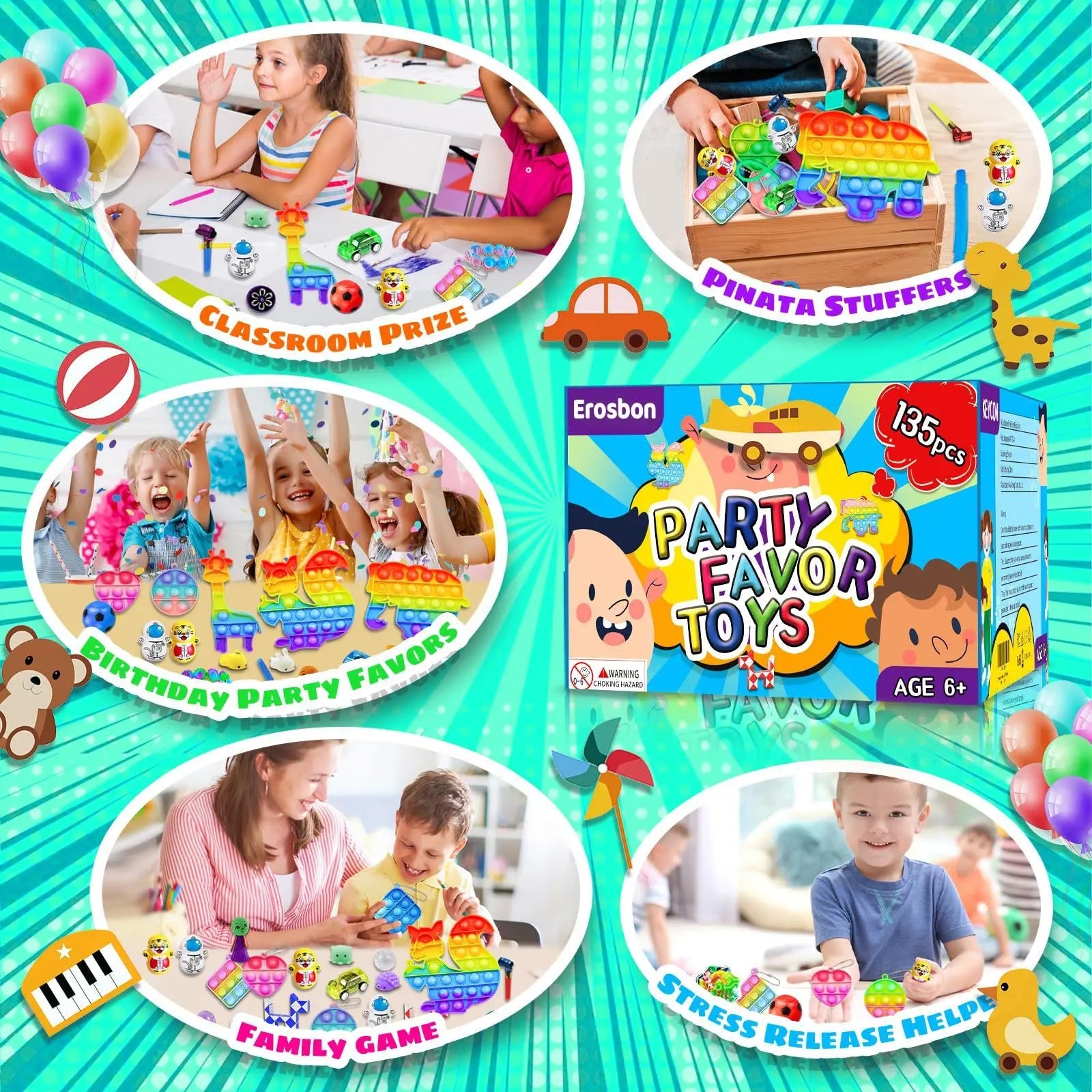 117/124/135pc Kids Birthday Pinata Toys Snap Bracelets Push Bubble Fidget Toys Carnival Prize Pinata Filler Bulk Toys Kids Gifts Good Vibrations