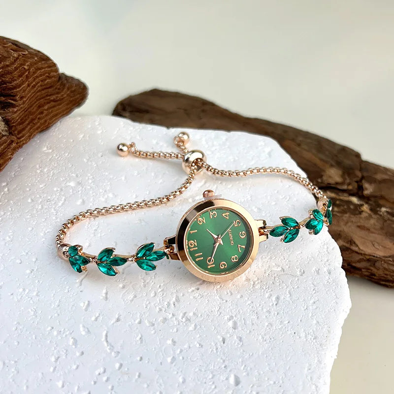 Round alloy case Arabic numeral classic dial leaf-shaped diamond-encrusted fashionable bracelet elegant ladies quartz watch Good Vibrations Adult Super Store