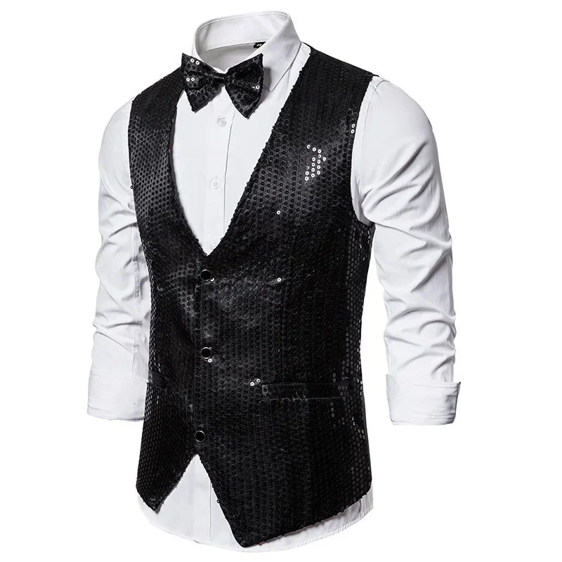 Gold Men's Sequin Vest Jacket, Single-breasted V-neck Sleeveless Vests Coat, Wedding Party Waistcoat Silver Blue Purple Red Tops