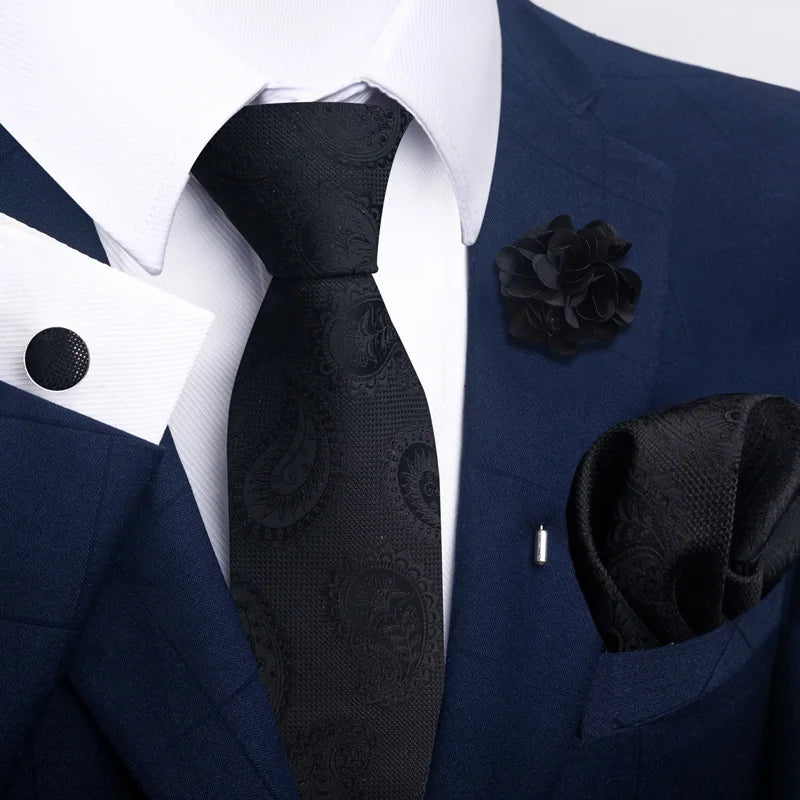 Luxury Mens Ties Floral Black Gold Ties Paisley NeckTie Pocket Square Cufflinks Brooch Set Men's Wedding Party Tie Good Vibrations
