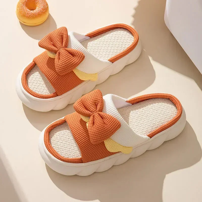 Linen Slippers Women Indoor Slippers Comzy Anti-Slip House Cotton Shoes Cute Bowknot Flat Slipper Couples Slides Spring Summer Good Vibrations