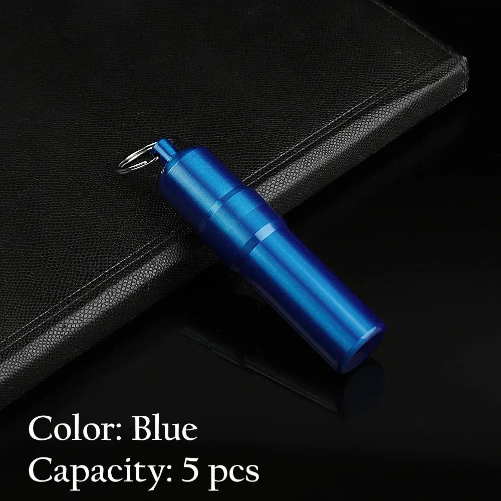 Blue metal cigarette case with keychain, waterproof, 5 capacity, portable design.