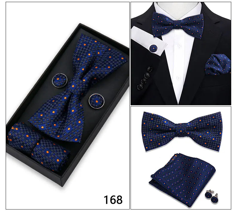Bowtie For Men Set Gift Box Business Gift Fashion Bow Tie Pocket Square Cufflinks Set Bowtie 3pcs For Wedding Hanky Cravata Neck Good Vibrations