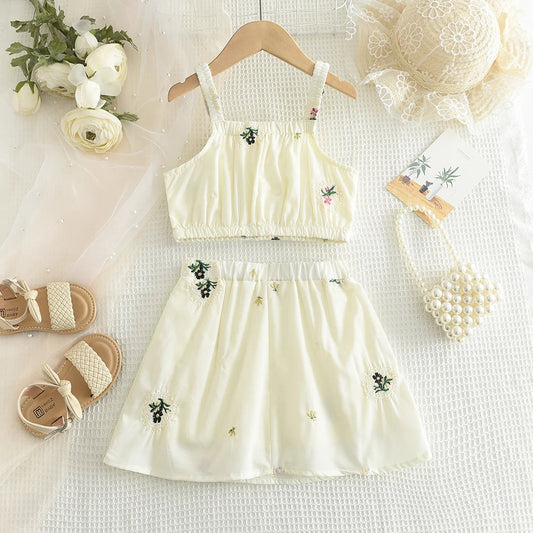 Summer Girls Outfit 2-6Y Kids Embroidered Camisole + Short Skirt 2 Pieces Sets Adorable Good Vibrations
