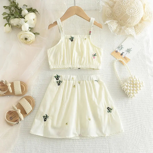 Summer Girls Outfit 2-6Y Kids Embroidered Camisole + Short Skirt 2 Pieces Sets Adorable Good Vibrations