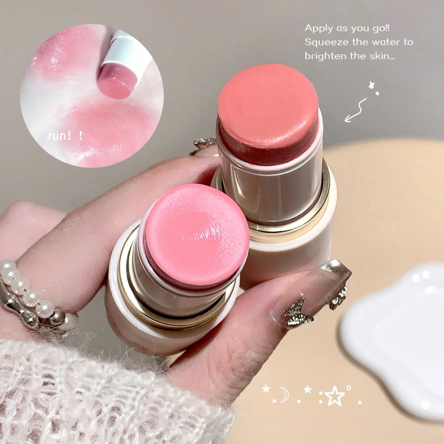 SHAQINUO Cream Blush Stick - Watery Glow, Long-Lasting, Natural Tint, Korean-Style Cheek Makeup for Fresh Look Good Vibrations