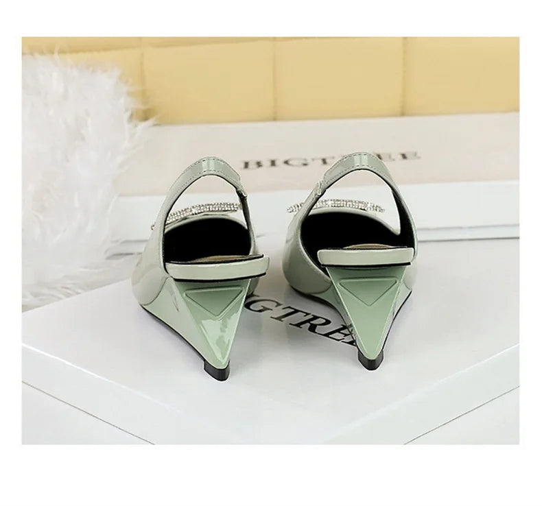 Wedges Women Shoes High Heel Shallow Pointed Toe Hollow Back Straps Patent Leather Triangle Metal Crystal Buckle Pumps Good Vibrations