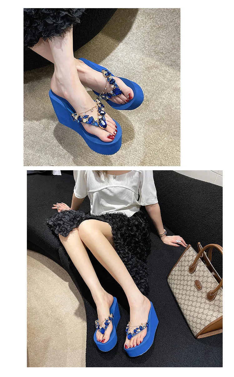 Flip Flops Women New High Heeled Slippers Women Diamond Slope Heel Slippers Elegant Fashion Beach Sandals Womens Sexy Shoes Good Vibrations