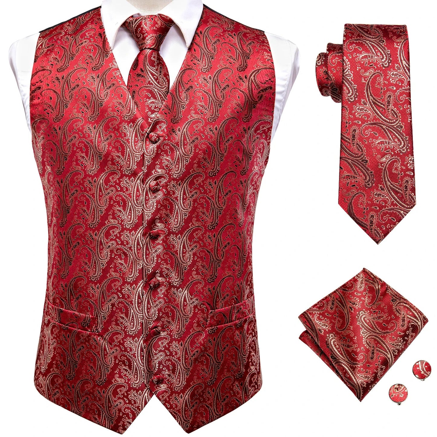 Hi-Tie Black Men Silk Vest Paisley Jacquard Necktie Hankerchief Cufflinks Sets Male Sleeveless V-Neck Waistcoat Business Formal Good Vibrations