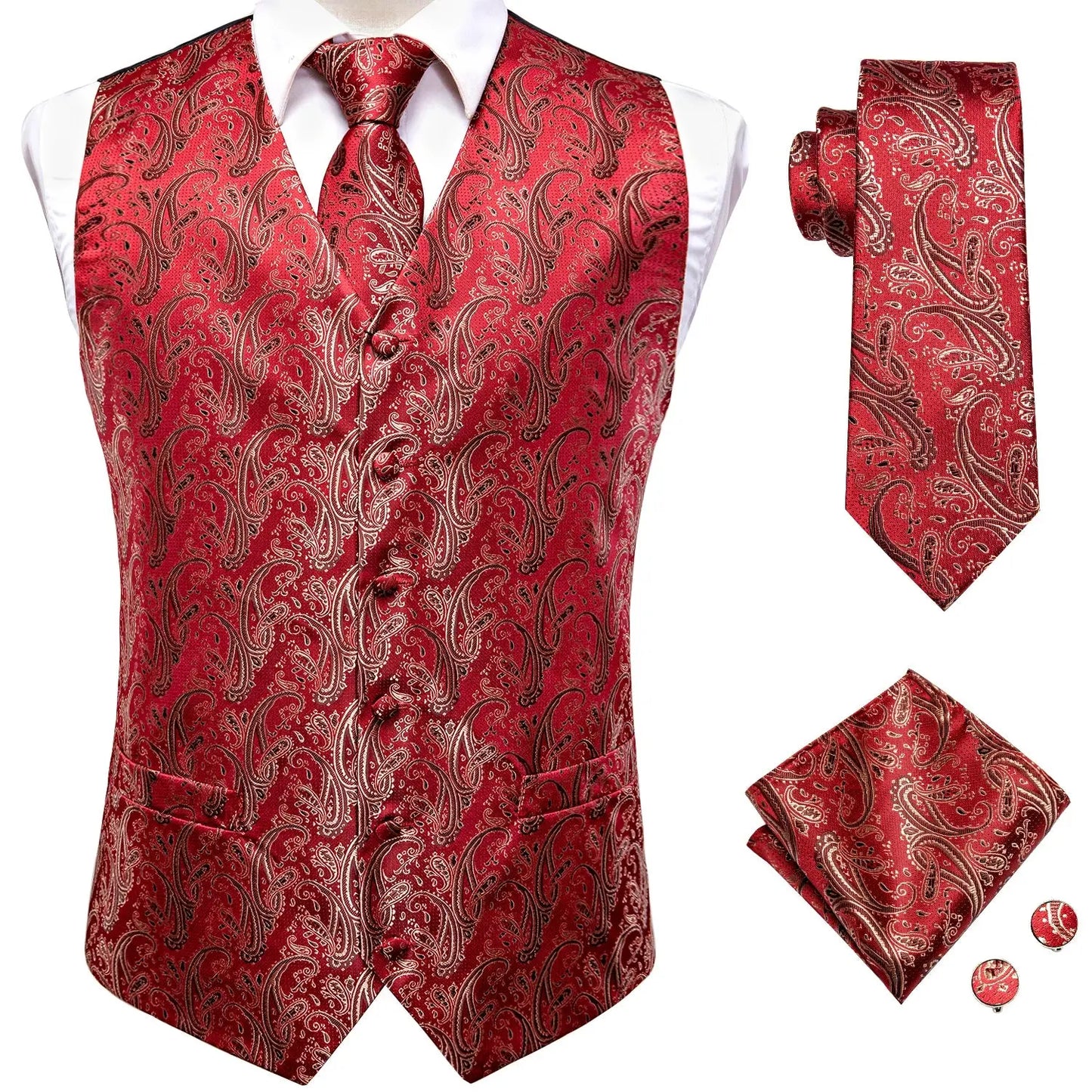 Hi-Tie Black Men Silk Vest Paisley Jacquard Necktie Hankerchief Cufflinks Sets Male Sleeveless V-Neck Waistcoat Business Formal Good Vibrations