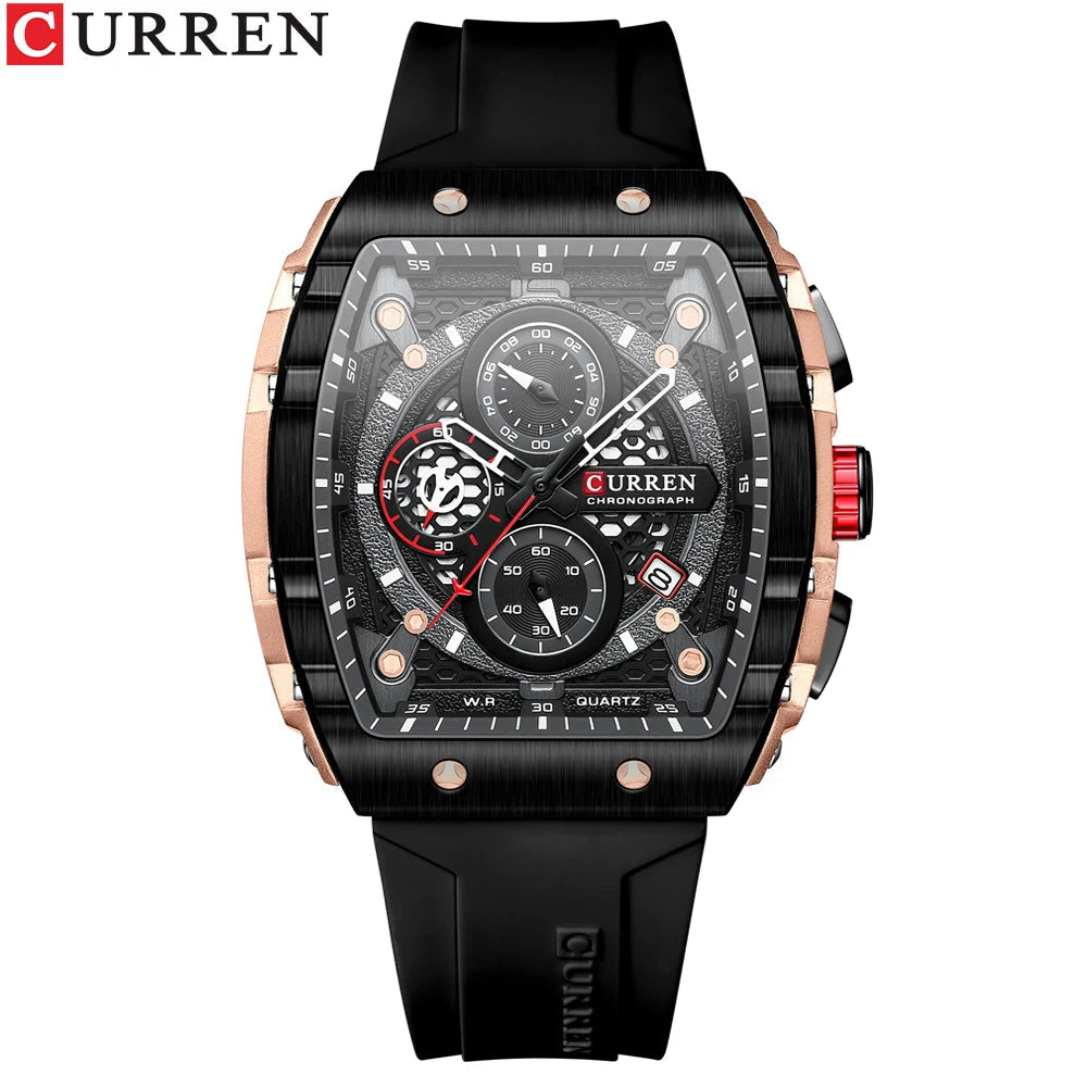 CURREN Sports Unique Rectangular Watches with Large Dial Casual Quartz Silicone Bands Wristwatches with Auto Date Good Vibrations