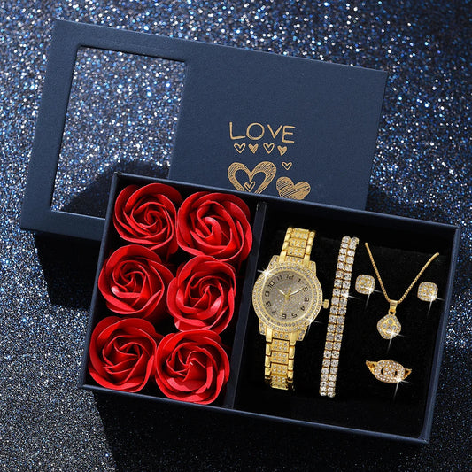 6Pcs Fashion Luxury Women Watch Necklace Earrings Ring Set For Women Rhinestone Wristwatch Bracelet Set Valentine's Day Gift Good Vibrations