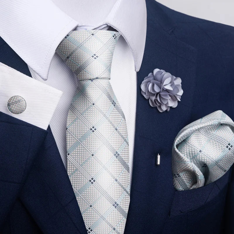 Luxury Mens Ties Floral Black Gold Ties Paisley NeckTie Pocket Square Cufflinks Brooch Set Men's Wedding Party Tie Good Vibrations