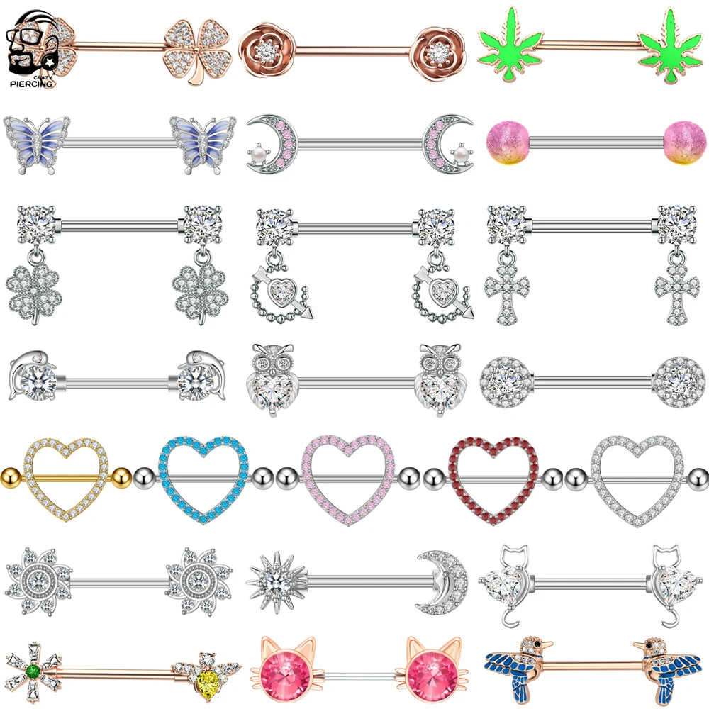 14G Titanium Stainless Butterfly Cat Crystals CZs Shield Barbell Nipple Rings Mixed-Style Heart Flower Dangled Nipple Piercing Good Vibrations Adult Super Store