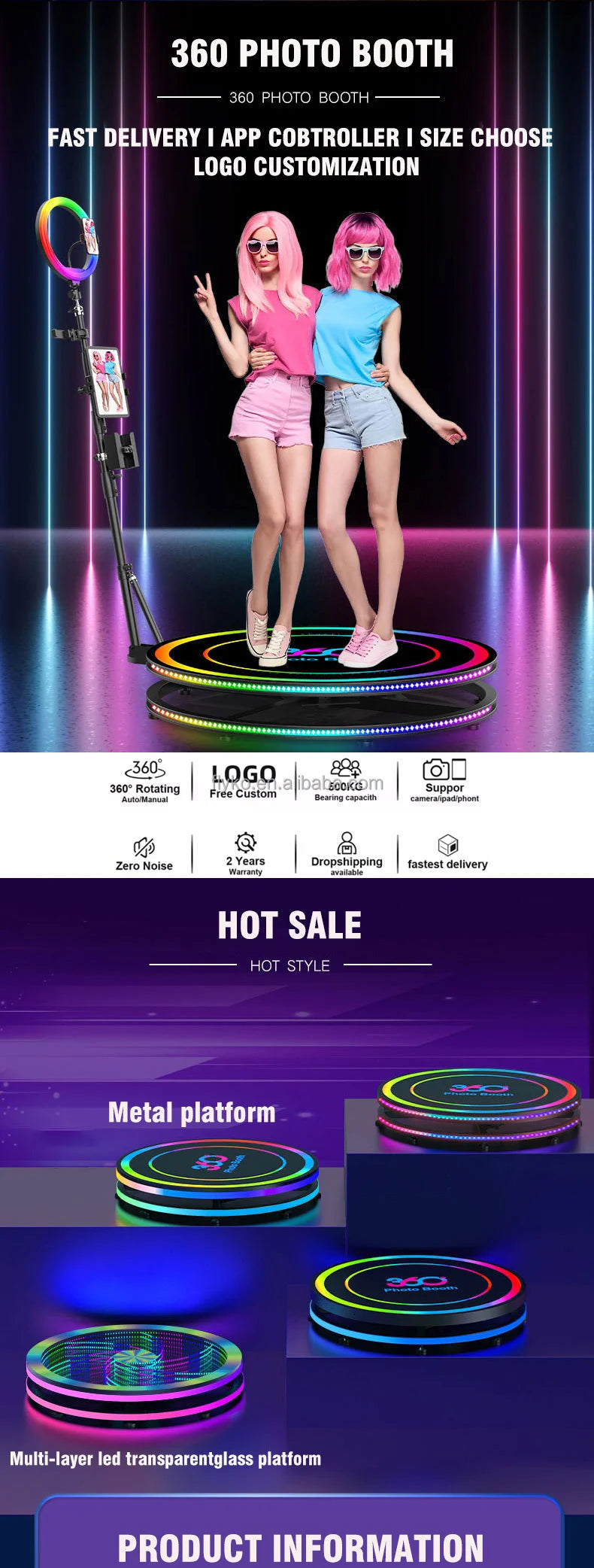 360 Photo Booth Machine 80-100cm with RGB Ring Light, Free Logo, rotating 360 Video Photo Booth for 1-5 People with Flight Case Good Vibrations