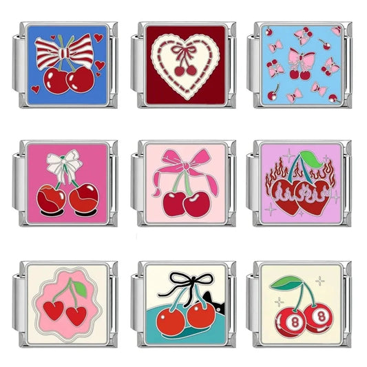 Cute Bow Knot Heart Cherry Sweet Pink Red Italian Charm Links Fit 9mm Bracelet Stainless Steel Women Jewelry DIY Making Gifts Good Vibrations Adult Super Store