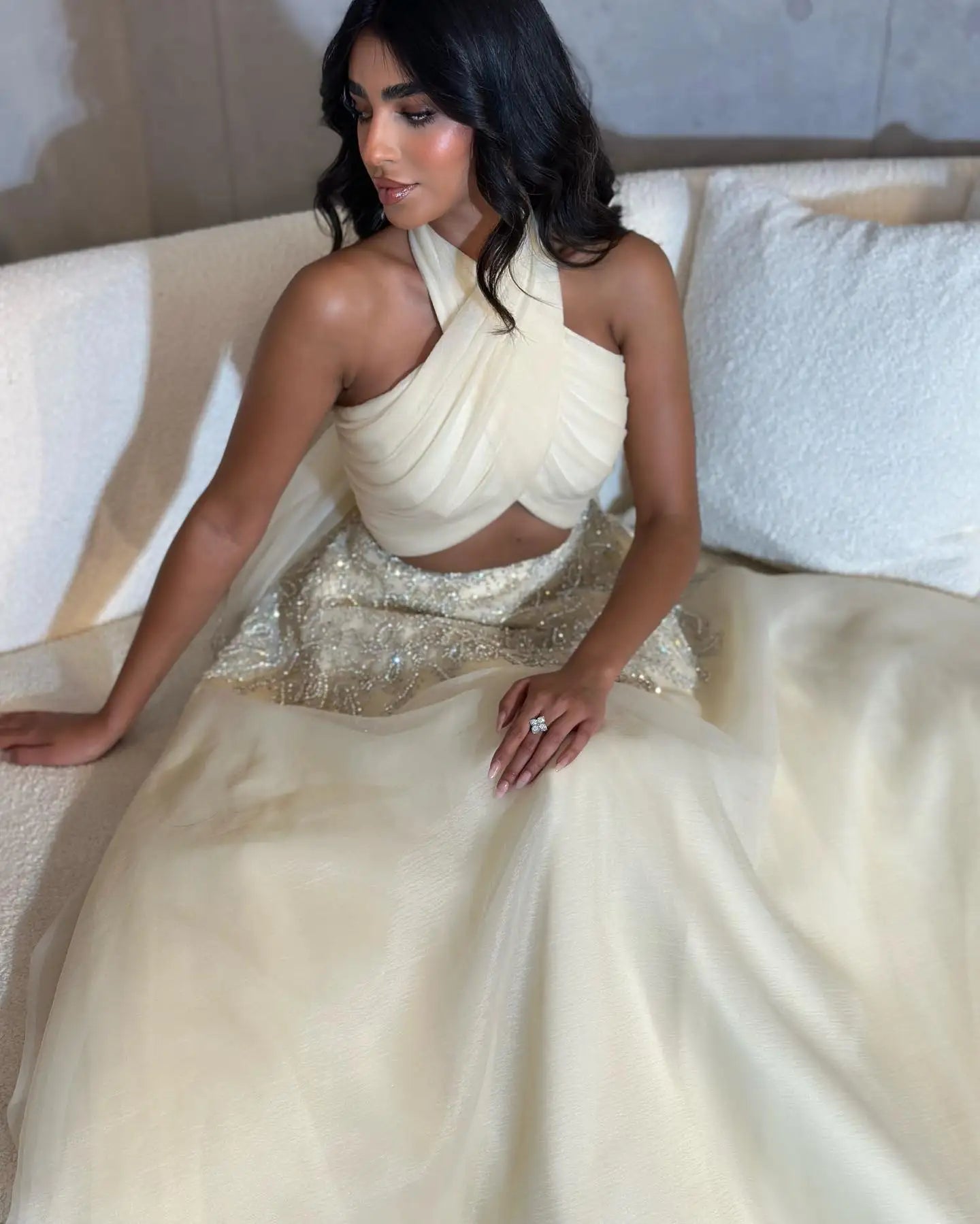 Sharon Said Saudi Arabic Beige Halter Evening Dresses for Wedding Dubai Crystal Long Formal Gowns Party Dress SS444 Customized