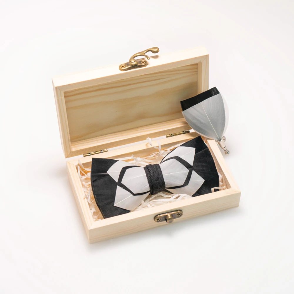 Wedding Bow Tie for Men handmade feather bow tie black white Pre-tied bowtie brooch wooden box Set for Party birthday Gift Good Vibrations