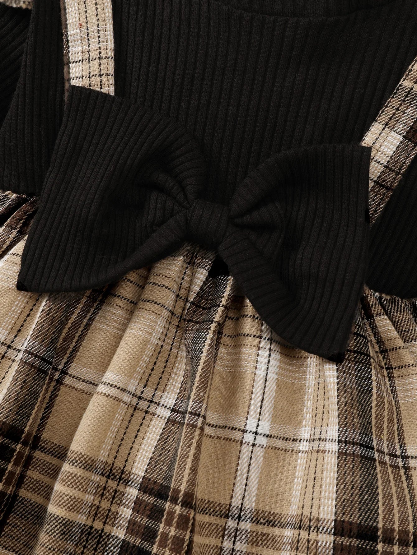 New Baby Girl Spring And Autumn Black Checkered Fake Two-piece Big Bow Headband Dress For Daily Outdoor Wear Good Vibrations
