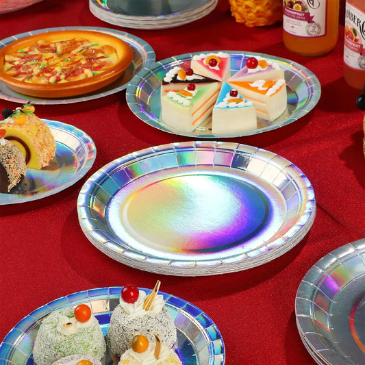 Laser Disposable Tableware Sets Silver Party Paper Cups Paper Plates Straw Party Tableware Wedding Decor Birthday Party Supplies Good Vibrations