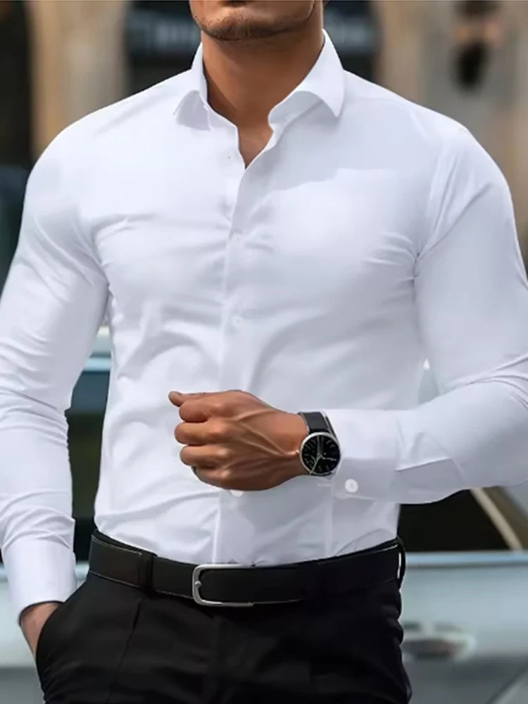 New men's formal black shirt summer long-sleeved thin business casual breathable no-iron slimming solid color Good Vibrations