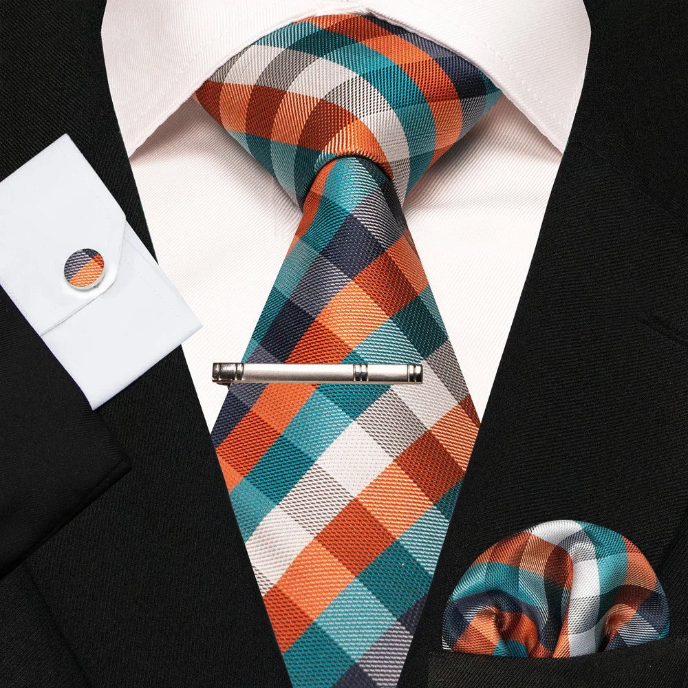 8cm Silk Mens Ties Green Black Ties plaid stripe NeckTie Pocket Square Cufflinks Tie clips Set Men's Wedding business Party Tie Good Vibrations