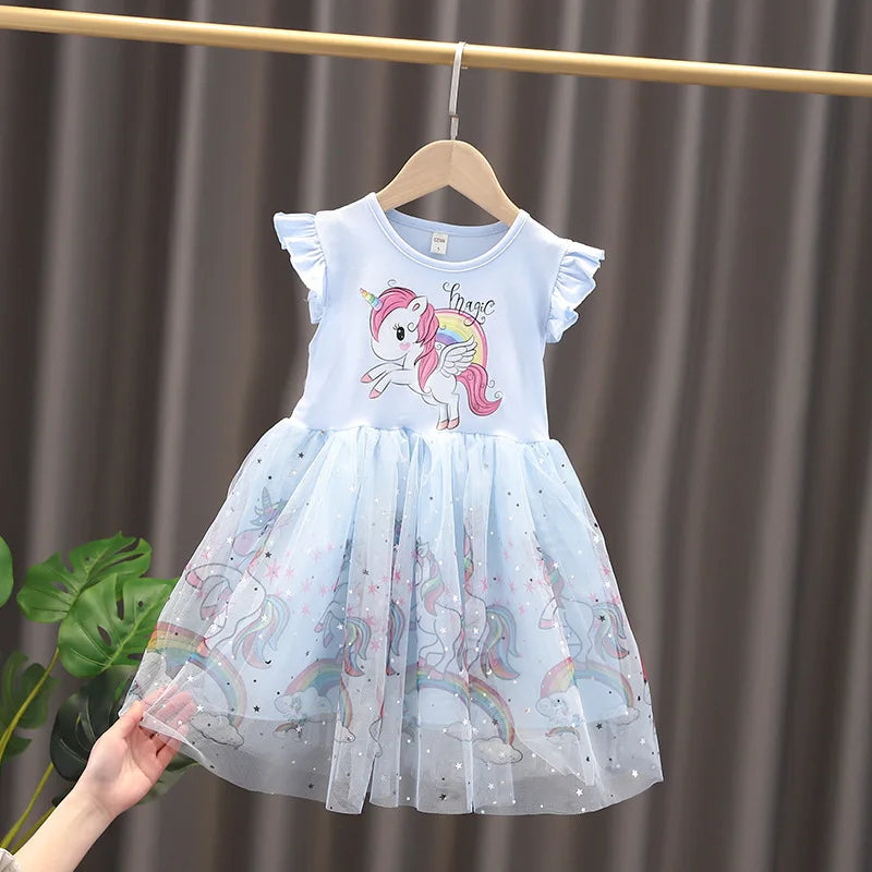 Girls Dress 2025 New Summer Princess Dresses Flying Sleeve Kids Clothes Unicorn Party Baby Dresses For Children Clothing 3-8Y Good Vibrations