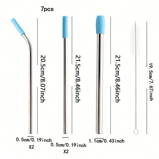 7pcs Eco-Friendly Stainless Steel Straw Set With Silicone Tips, Cleaning Brush & Storage Bag - Reusable Drinking Accessories Good Vibrations