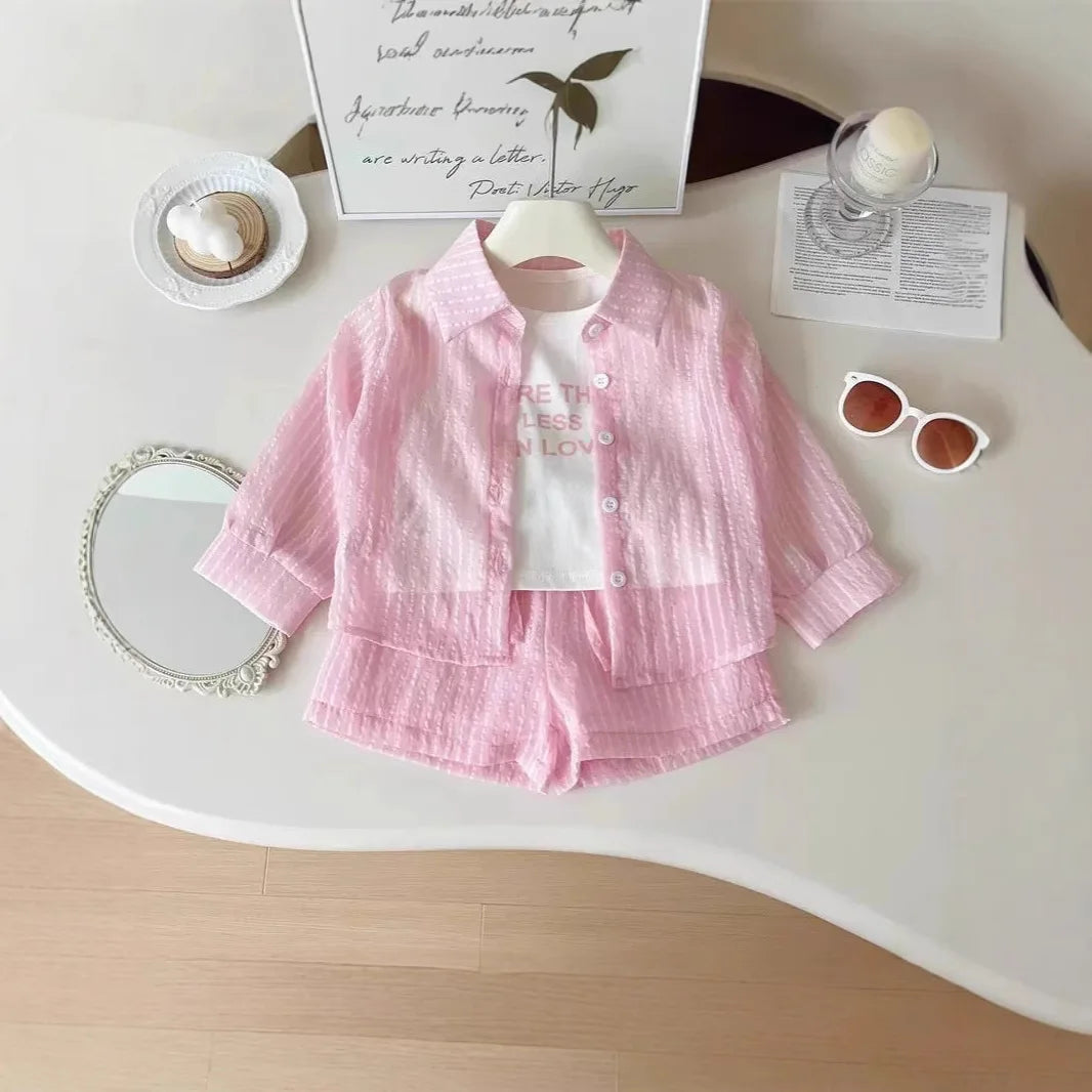 3Pcs Girls Clothing Sets Summer Cool Blouse Shirt+shorts+T-shirt Children Clothes Suits New Kids Outfits Set 2-7Yrs Good Vibrations