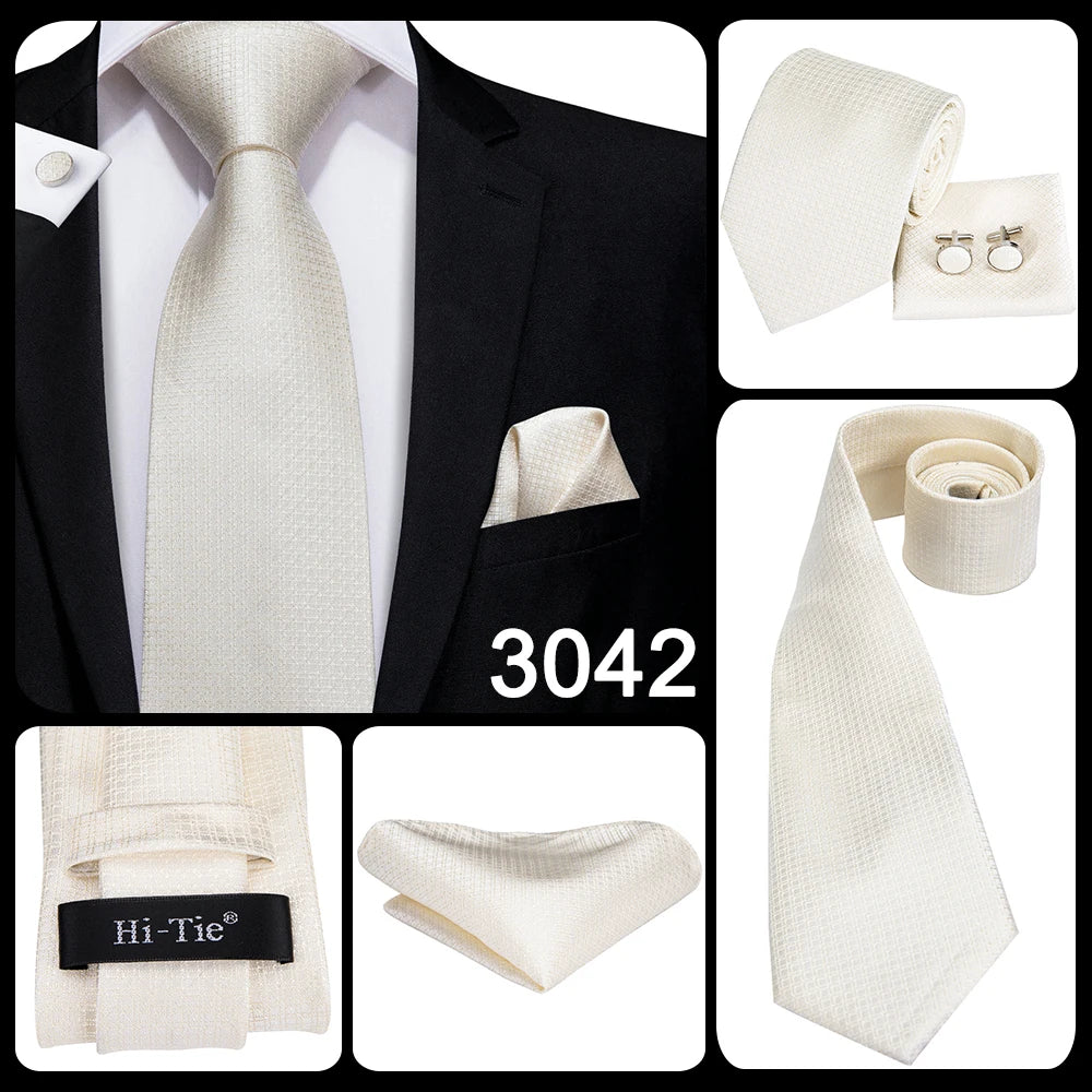 Men's Ties White Sliver Hanky Cufflinks Set Silk Neck ties For Men Wedding Party Business Mens Tie 2022 New Fashion Brand Hi-Tie Good Vibrations