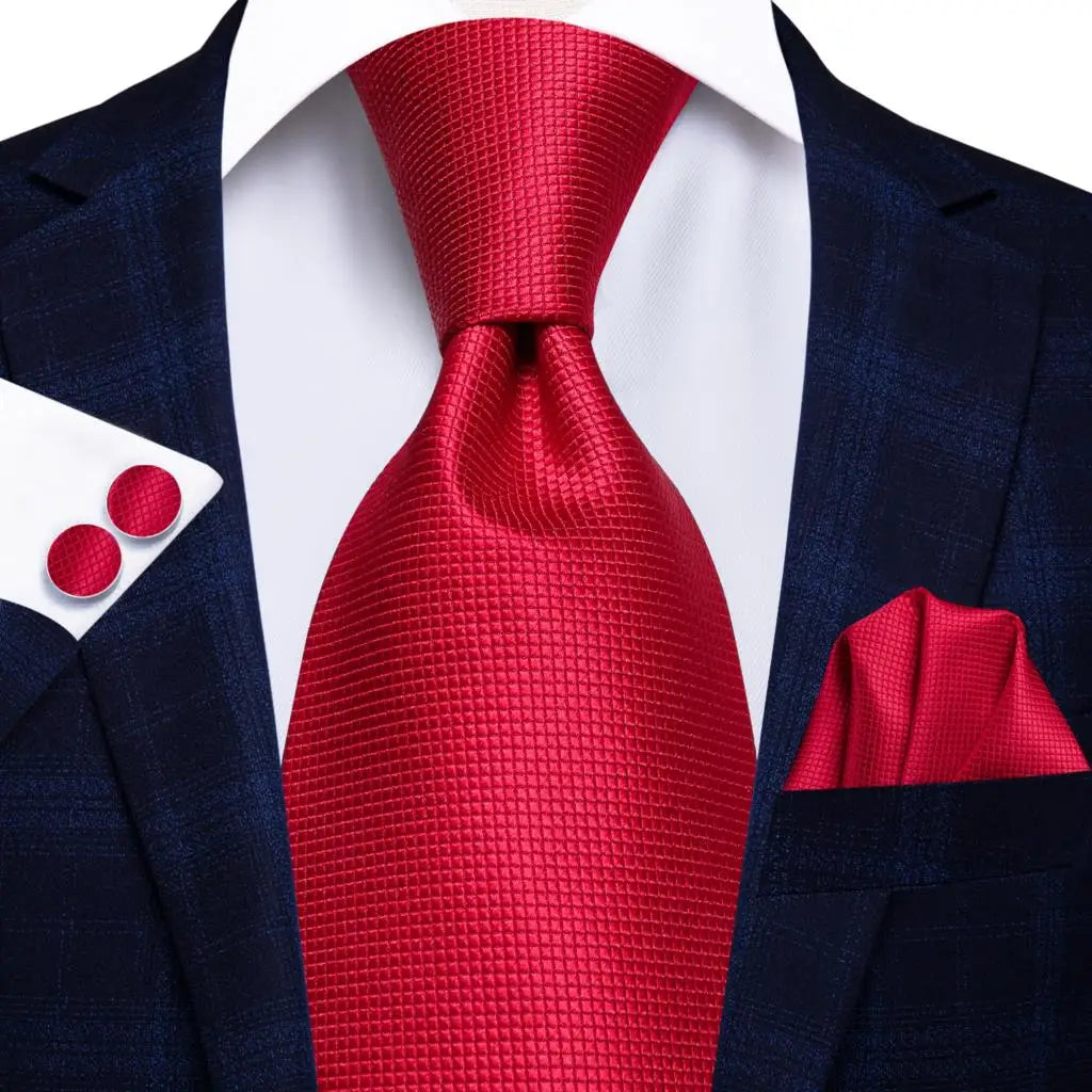 Hi-Tie Designer Red Burgundy Plaid Silk Wedding Tie For Men Handky Cufflink Gift Mens Necktie Fashion Business Party Dropshiping Good Vibrations