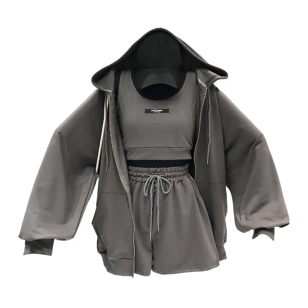 Women Coat Super Soft Sports Jacket Polyester Keep Warm Simple Three Pieces Drawstring Shorts Vest Thin Coat Set Good Vibrations