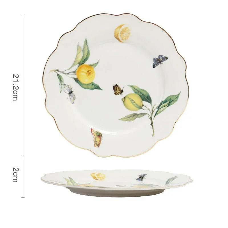 Europeanc Style Ceramic Dining Plate Elegant Lemon Pattern Dinner Steak Plate Coffee Cup Set Western Cuisine Dessert Plate Good Vibrations