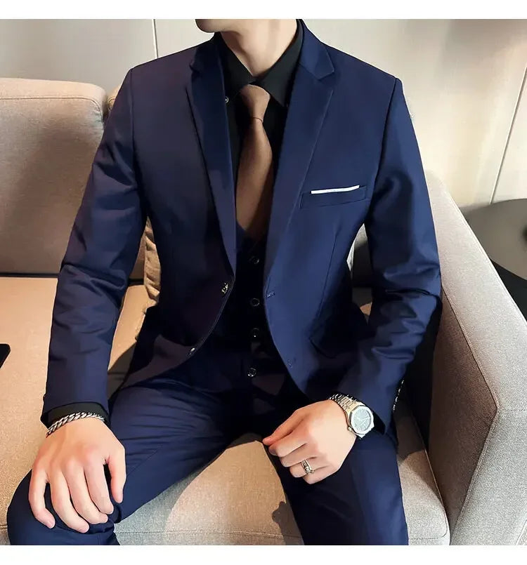 Suit (suit +Vest+Pants) Formal Business Men Four Seasons Professional Fashion Gentleman Solid Color Outdoor British Style Suit