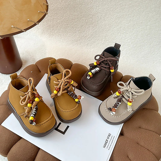 High Top Casual Shoes for Girls 2025 New Autumn Toddler Walking Shoes with Cute Ornament Soft Sole Simple Retro Kid School Flats Good Vibrations